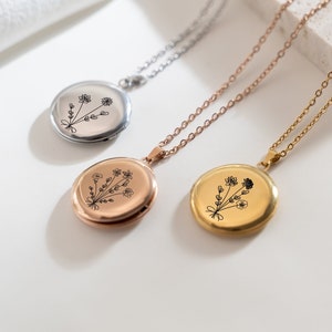 Bouquet Birth Flower Locket Necklace with Photo,Engraved Round Locket Necklace,Memorial Jewellery,Anniversary Gift,Birthday,Xmas Gifts