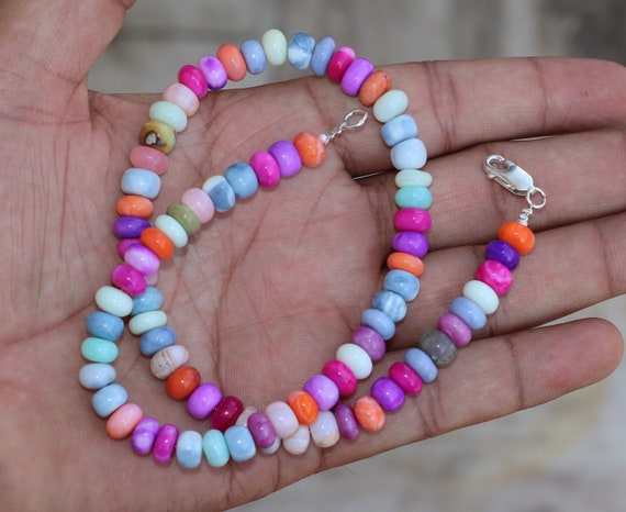 Candy Opal Beaded Necklace: 8mm Rondelle Beads, 925 Silver ClaspValentine Day Gift For Her