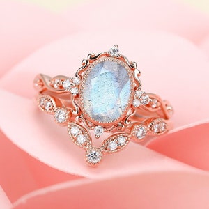 Unique Natural Labradorite Bridal Ring Set 925 Sterling Silver Ring Art Deco Handmade Patterned Premium Ring Set Anniversary Promise Ring