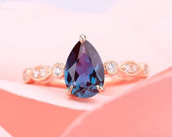 Pear Cut 1.50CT Alexandrite Engagement Ring Rose Gold Art Deco Anniversary Wedding Ring Unique Gift For Women Handmade Engagement Ring