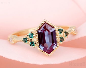 Dainty Long Hexagon Cut Ring Unique Lab Created Alexandrite Engagement Ring Handmade 925 Sterling Silver Promise Ring For Her Art Deco ring
