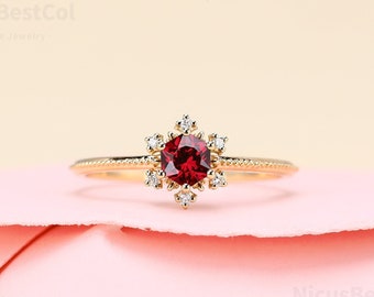 Snowflake Ring Hexagon Cut Natural Garnet 10K Yellow Gold Engagement Ring For Her Art Deco Moissanite Promise Anniversary Ring Unique Ring