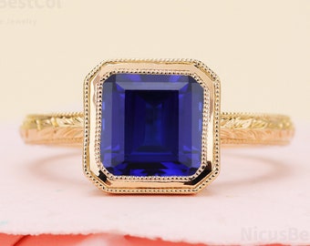 Unique Handmade Carved Craftsmanship 14K Solid Gold Art Deco Radiant Lab Created Sapphire Engagement Ring Vintage Anniversary Ring For Her