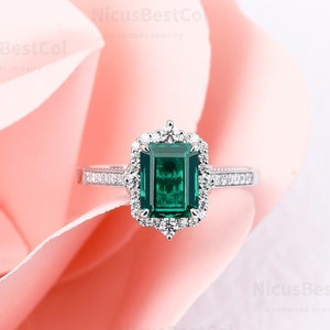 Emerald Cut Lab Emerald Ring Green Gemstone Ring Vintage 925 Sterling Silver Engagement Promise Ring Gift for Her Anniversary Promise Ring