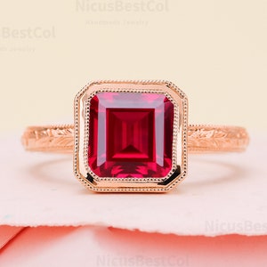 Unique Radiant Cut Lab Created Ruby 10K Solid Rose Gold Engagement Ring Dainty Handmade Carved Craftsmanship Anniversary Ring Gift For Women
