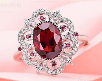 Oval Lab Ruby Flower Ring, July Birthstone, Vintage Style
