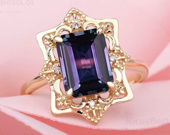 Emerald cut Lab Created Alexandrite engagement ring Handmade Unique Sterling Silver Ring Gift For Her Anniversary Vintage Ring Dainty ring