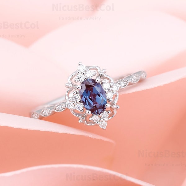 Vintage ovale coupe Alexandrite bague de fiançailles 925 bague en argent Sterling pour les femmes Art déco mariée bague de mariage anniversaire cadeau bague à la main