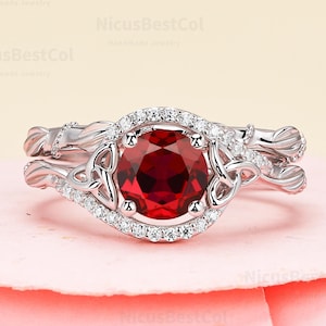 Vintage Round Lab Created Ruby 14K solid  gold engagement ring Leaf Design moissanite wedding bands Ring Nature Inspired Ring Red gemstone