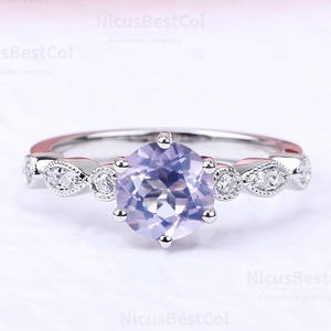 10K Gold Round Natural lavender amethyst Engagement Ring Unique Purple Gemstone anniversary Ring Gift Dainty Art Deco moissanite Silver ring