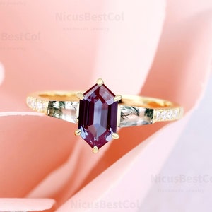 Bague de fiançailles hexagonale en alexandrite, bague en agate mousse naturelle, bague de promesse vintage, changement de couleur, cadeau d&#39;anniversaire personnalisé pour femme