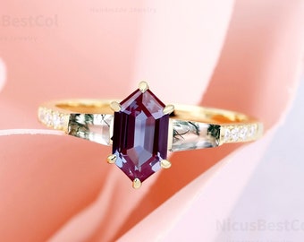 Hexagon Alexandrite Engagement Ring Natural Moss Agate Ring Vintage Promise Ring Color Change Personalized Anniversary Gift Ring For Women
