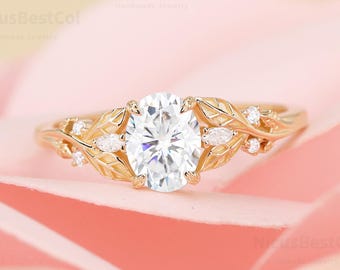 Unique Oval Moissanite 14K Solid Gold Engagement ring Dainty Moissanite Nature Inspired Ring Leaf anniversary ring women Gift Wedding band
