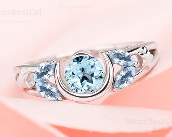 Natural Aquamarine Moon Engagement Ring, 14K Solid Gold Celestial Wedding Band