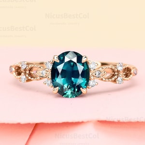 Ovaal lab gemaakt Teal Sapphire 14K roségouden verlovingsring Sierlijke opengewerkte moissaniet trouwringen art deco moissaniet verjaardagsring