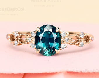 Bague de fiançailles saphir bleu sarcelle, solitaire taille ronde