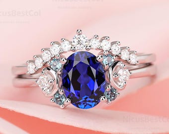 Oval Lab Created Sapphire Engagement Ring Set with Alexandrite, Moissanite Wedding Band