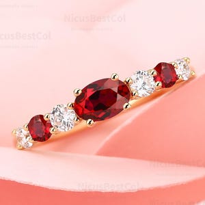 14K Solid Gold Vintage Lab Created Ruby Engagement Ring Handmade Art Deco Moissanite  Anniversary Ring For Women Dainty Red Ruby Ring Gift