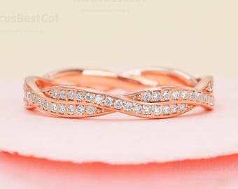 Moissanite Wedding Band, Rose Gold Twisted Eternity Band, Anniversary Gift for Her