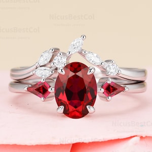 Vintage Oval Lab Created Ruby 10K Solid gold engagement ring cluster moissanite Promise wedding band Nature Inspired leaf moissanite ring