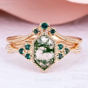 Long Hexagon Moss Agate Engagement Ring Set Art Deco Emerald 925 Sterling Silver Wedding Bands For Women cluster Anniversary Handmade Ring