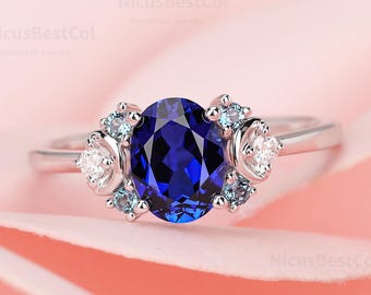 Oval Lab Created Sapphire Ring, Alexandrite Moissanite Accents, 10K Solid Gold Anniversary Band