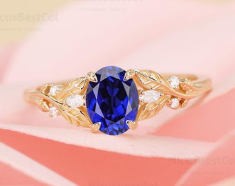 Nature Inspired Ring 14K Solid Gold Oval Lab Created Blue Sapphire Engagement ring Unique Leaf Marquise Moissanite promise wedding band gift