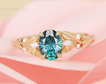 Fireworks Oval Lab Created Alexandrite Engagement Ring Moissanite anniversary Nature Inspired Ring Marquise moissanite Leaf Bridal ring gift