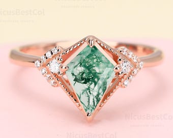 Anillo de compromiso vintage de ágata musgosa natural de cometa, oro rosa de 14 quilates, racimo Art Deco de moissanita, anillo nupcial de aniversario para ella, regalo de anillo vintage.