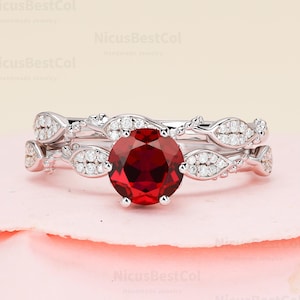 Vine Twist Ring Round Lab created ruby 14k solid gold engagement ring Unique Cluster Moissanite Stacking wedding bands Nature Inspired Rings