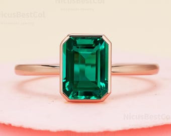 Dainty Emerald Cut Lab Created Emerald engagement ring Vintage Anniversary ring Minimalist ring Gift For Women green gemstone ring gift