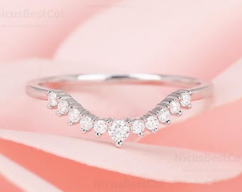 10K Solid Gold Curved Moissanite Wedding Band, Art Deco Matching Anniversary Ring