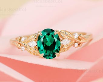 Vintage 10K Solid Gold Oval Lab Created Emerald Engagement ring Nature Inspired Ring Unique Leaf Marquise Moissanite promise ring