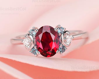 Unique Oval Lab Created Ruby Engagement Ring, Alexandrite Moissanite ring, 10K Solid Gold Anniversary Band