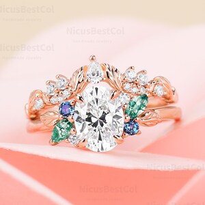 14K Rose Gold Ring Oval Moissanite engagement ring Cluster lab created alexandrite Wedding band Vintage natural moss agate Stacking Ring set