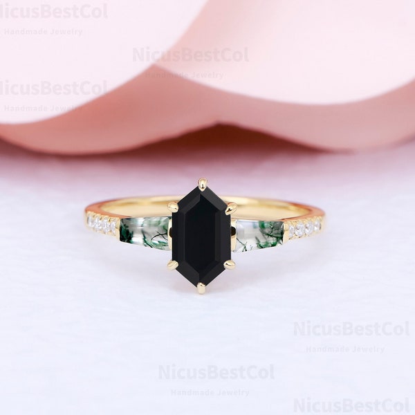 Anillo de compromiso único de ónix negro natural de plata de ley 925 hecho a mano, anillo premium vintage para mujer, anillo de boda de promesa de aniversario