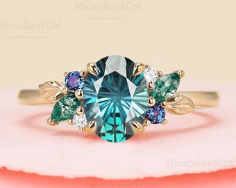 Oval Lab Created Alexandrite Engagement Ring, 14K yellow Gold Moissanite Cluster Bridal Ring