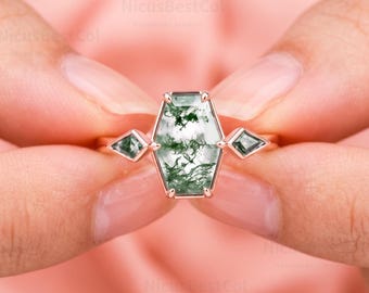 Moss Agate Engagement Ring, Sterling Silver Three Stone Bridal Ring