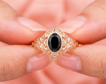 Oval Black Onyx Engagement Ring, Rose Gold Art Deco Floral Leaf Ring