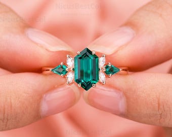 Solid Gold Hexagon Lab Emerald Engagement Ring, Art Deco Moissanite Bridal Ring