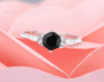 Unique Natural Black Onyx Engagement Ring 925 Sterling Silver Wedding Ring Hexagon Cut Handmade Promise Ring Gift For Her Anniversary Ring