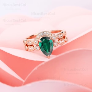 Lab Created Emerald Vintage 14K Solid Rose Gold Engagement Ring Handmade Art Deco Bridal Set Anniversary Ring Set Gift For Her Unique Ring