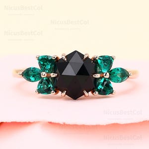 Vintage Rose cut Hexagon Natural Black Onyx Engagement Ring 10K Solid gold cluster Emerald Anniversary Ring Unique Triangular Emerald Ring