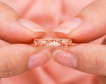 10K Rose Gold Flower Wedding Band, Art Deco Promise Ring