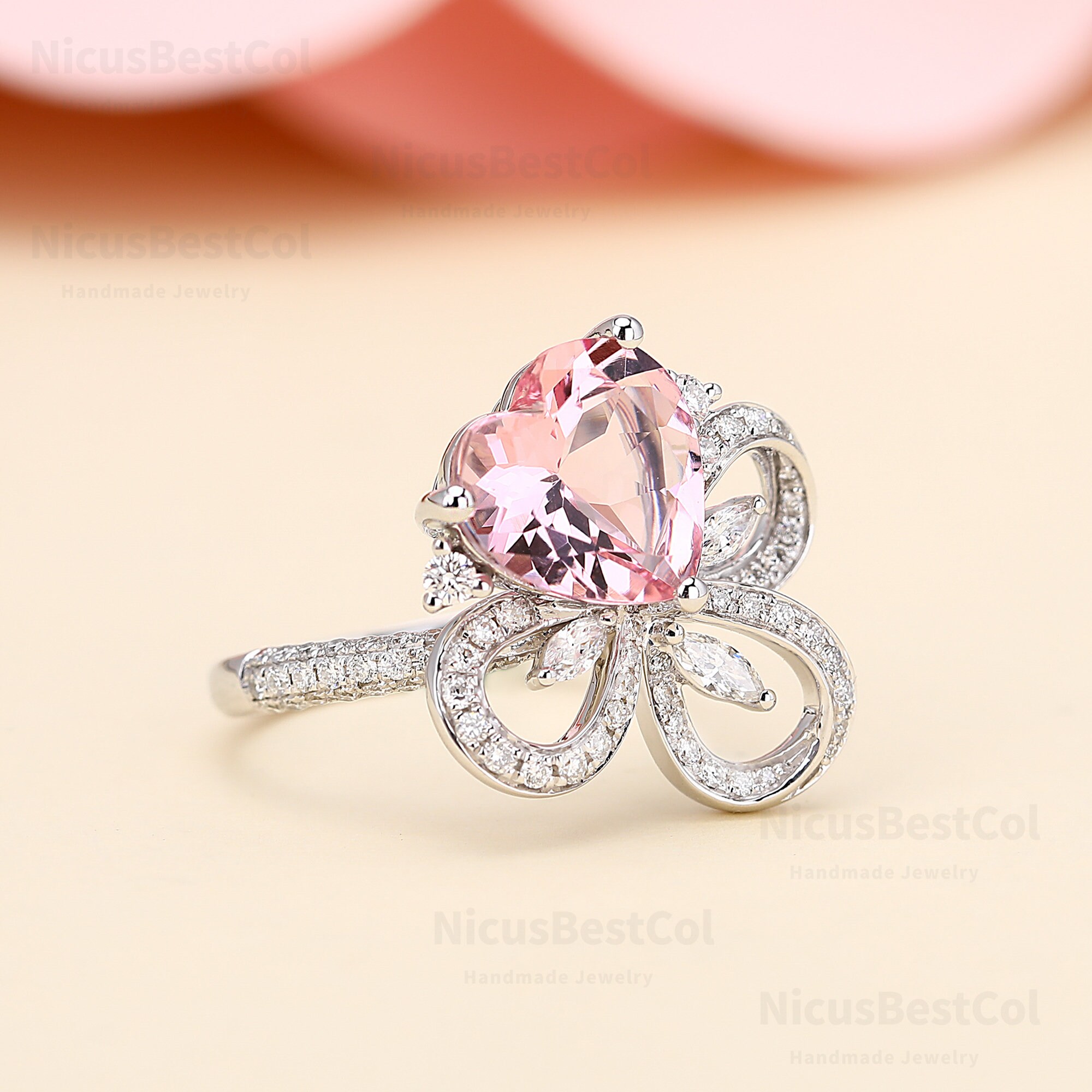 Unique Flower Rings Unique Flower Ring Heart Cut Lab Created Pink Morganite 10K White Gold ...