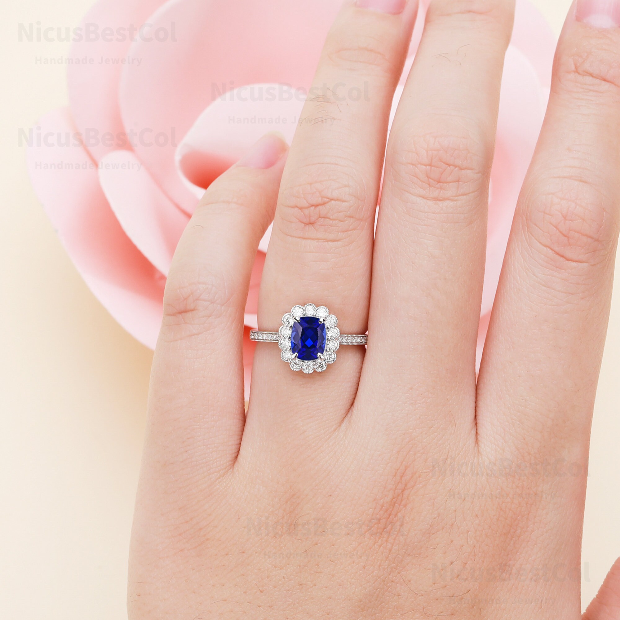 Bague Fiançailles Argent 925 Saphir Et Diamant De Labo - Taille Personnalisable