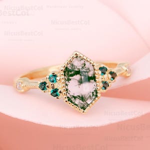 925 sterling silver Long Hexagon Natural Moss Agate Engagement Ring Vintage Emerald Bridal Wedding Ring For Women Anniversary Gift Cluster