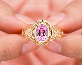 Solid Gold Oval Lab Created Pink Sapphire Engagement Ring Floral Engraved Bridal Ring