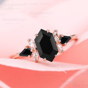 10k solid gold Natural Black Onyx Engagement Ring Gift For Her Unique Moissanite Promise Wedding Ring Handmade Vintage Black gemstone Ring