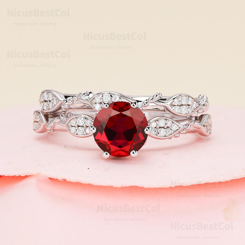Vine Twist Ring Round Lab Created Ruby 14k Solid Gold Engagement Ring ...